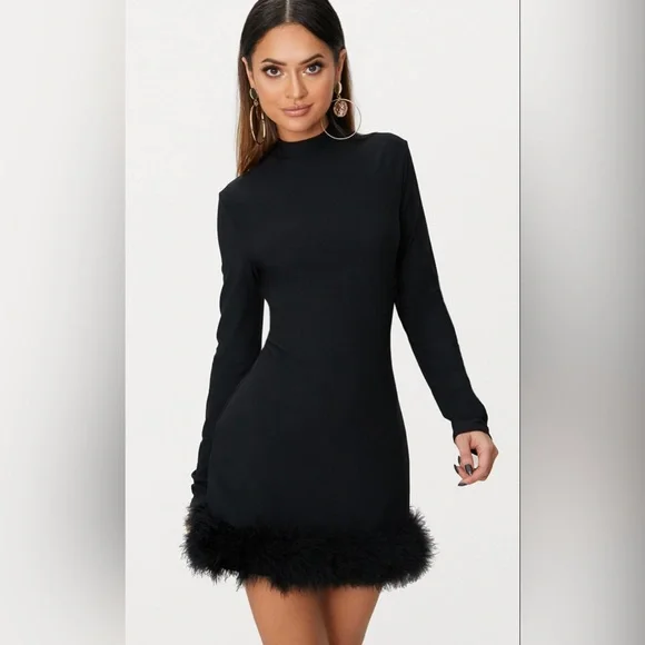 PrettyLittleThing | Dresses | Black Feather Hem Detail Long Sleeve High  Neck Bodycon Dress | Poshmark